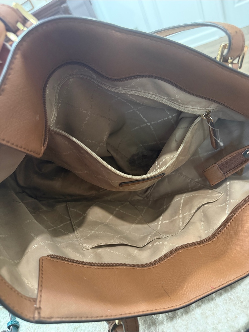 Michael Kors Beige MK Logo Tote with Brown Leather Trim - Picture 2 of 2